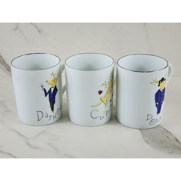 Pottery Barn Reindeer Coffee Mug Tea Cup 12oz Dasher Cupid Donner Christmas x3 - Picture 8 of 13